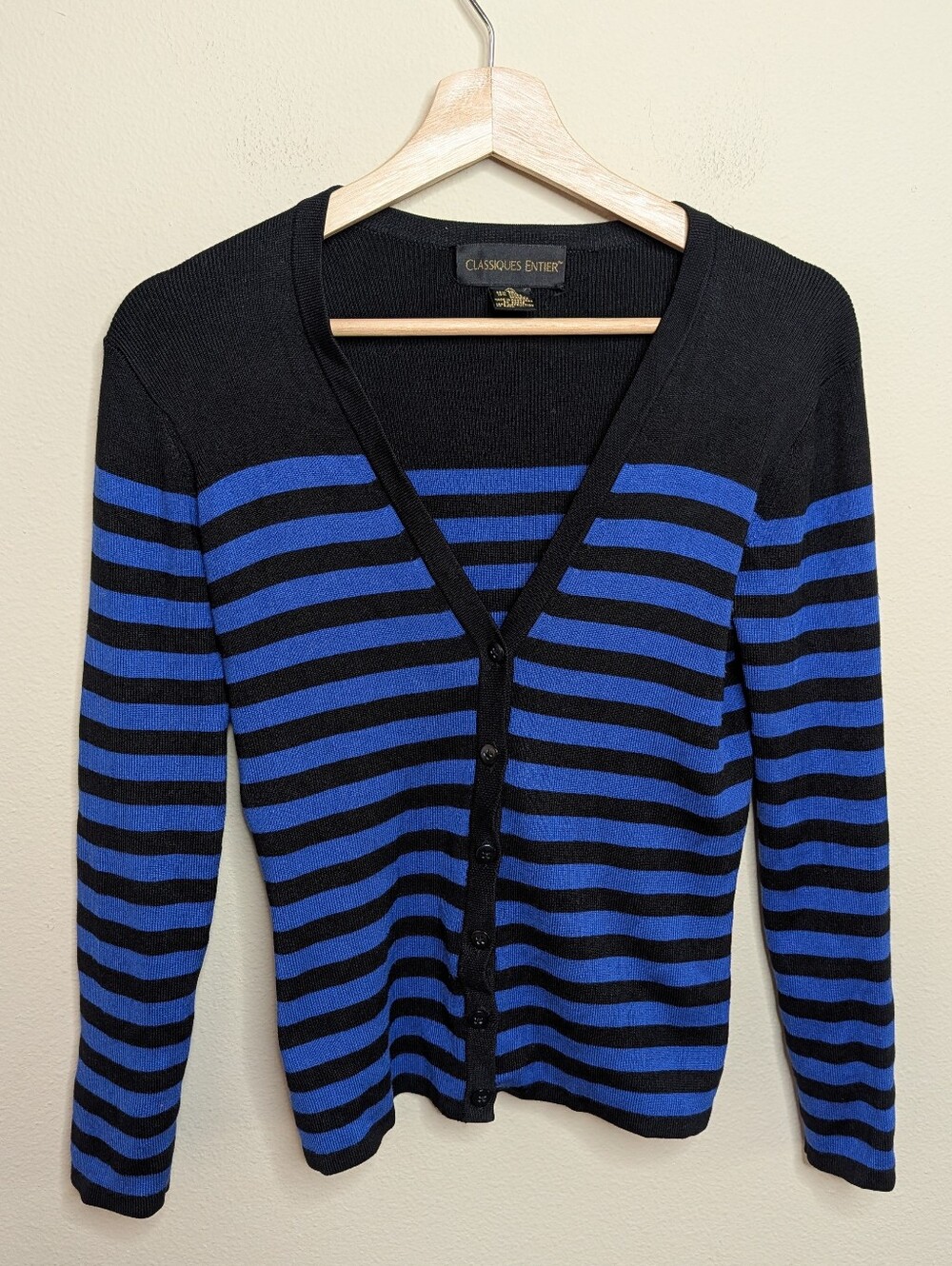 Classiques Entier Black Blue Striped Silk Cardigan‎ Women's Size XS V-Neck